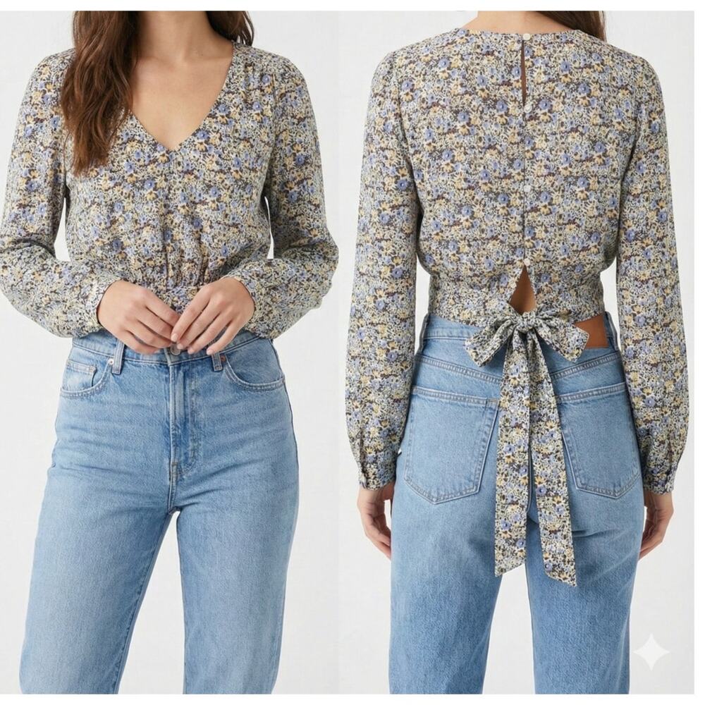 Lush M V Neck Short Blouse Blue Floral Elasticated Hem 100% Polyester